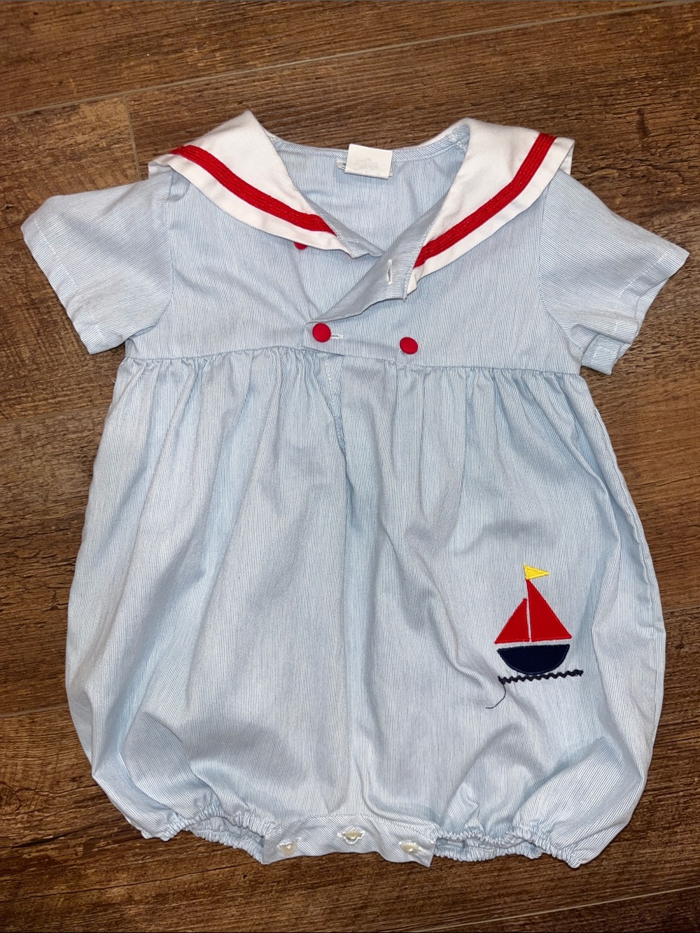 Vintage Light Blue Sailboat Baby Romper with Red Trim